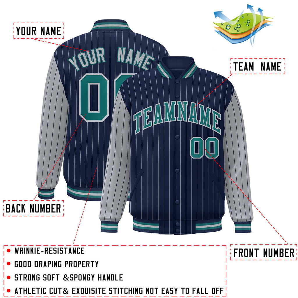 Custom Navy Gray Raglan Sleeves Varsity Full-Snap Pinstripe Letterman Baseball Jacket