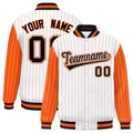 Custom White Orange Raglan Sleeves Varsity Full-Snap Pinstripe Letterman Baseball Jacket