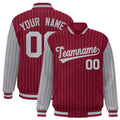 Custom Crimson Gray Raglan Sleeves Varsity Full-Snap Pinstripe Letterman Baseball Jacket