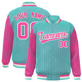Custom Bright Green Pink Raglan Sleeves Varsity Full-Snap Pinstripe Letterman Baseball Jacket