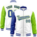 Custom White Neon Green-Royal Varsity Full-Zip Raglan Sleeves Letterman Bomber Jacket