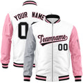 Custom White Light Pink-Gray Varsity Full-Zip Raglan Sleeves Letterman Bomber Jacket