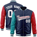 Custom Navy Red-Aqua Varsity Full-Zip Raglan Sleeves Letterman Bomber Jacket