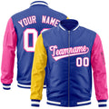 Custom Royal Pink-Gold Varsity Full-Zip Raglan Sleeves Letterman Bomber Jacket