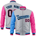 Custom Gray Pink-Powder Blue Varsity Full-Zip Raglan Sleeves Letterman Bomber Jacket